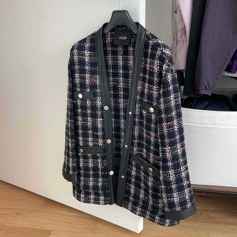 Maje Women's Visido Faux Leather Detail Tweed Jacket